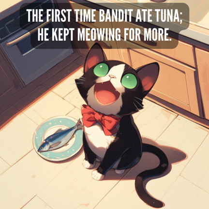 Bandit as a tuxedo kitten with a red bowtie and cloudy green eyes from cataracts. He is smiling as there is a plate next to him with a tuna on it. Caption reads: "The first time Bandit ate tuna; he kept meowing for more."  