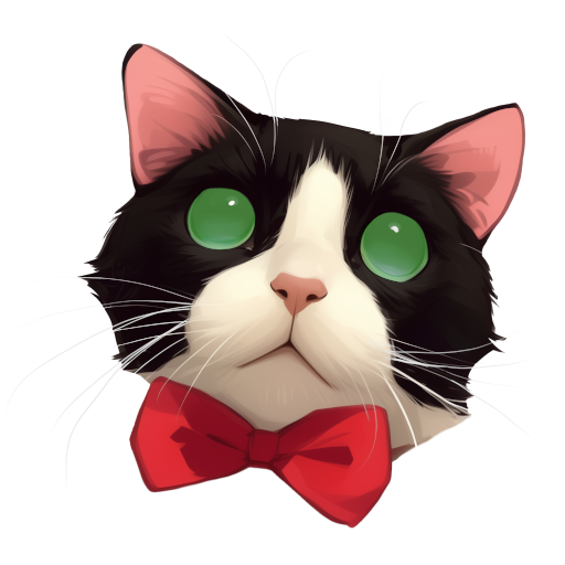 The head of a black and white tuxedo cat with a red bowtie and green eyes that are cloudy from cataracts.