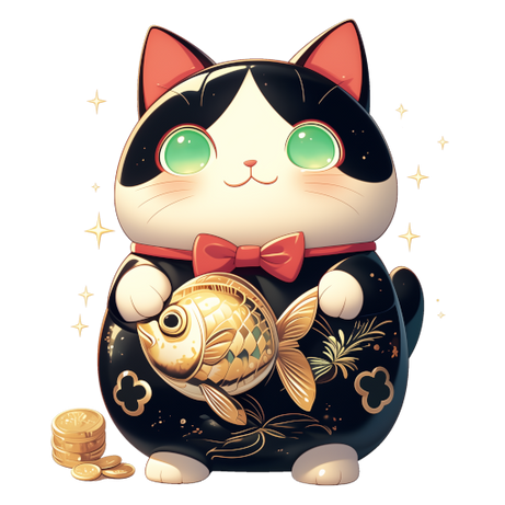 a big porcelain figurine of a black and white tuxedo cat with cloudy green eyes and wearing a red bowtie. He is holding a golden fish. This big porcelain figurine is in the style of the Chinese Lucky Cat. There is a small pile of gold coins nearby.