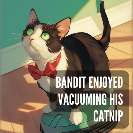 adult black and white tuxedo cat wearing a red bowtie and has cloudy green eyes from cataracts. He is sitting on a robotic vacuum cleaner as it cleans. Caption reads: "Bandit enjoyed vacuuming catnip."