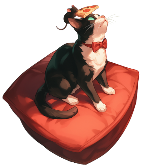 black and white tuxedo cat with a red bowtie and cloudy green eyes from cataracts is sitting on a plus red cushion. There is a gray mouse with a slice of pizza sitting atop his head.