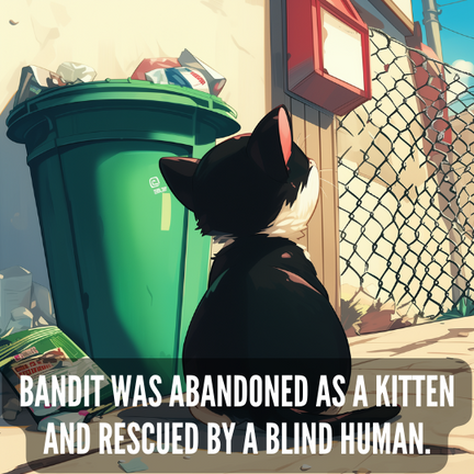 Black and white tuxedo kitten is sitting alone near a trash bin. Caption reads: "Bandit was abandoned as a kitten and rescued by a blind human."