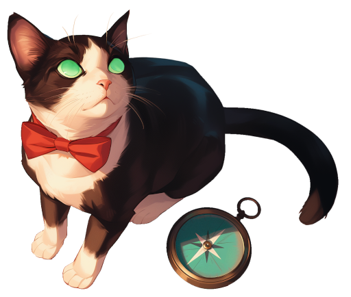 black and white tuxedo cat wearing a red bowtie and cloudy green eyes from cataracts. he is sitting next to an antique pocket compass.