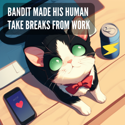 Black and white tuxedo kitten with red bowtie and cloudy green eyes sits on a laptop. On the desk is an energy drink and a phone with an ongoing call from MiCat with a heart emoji. Caption reads: "Bandit made his human take breaks from work."